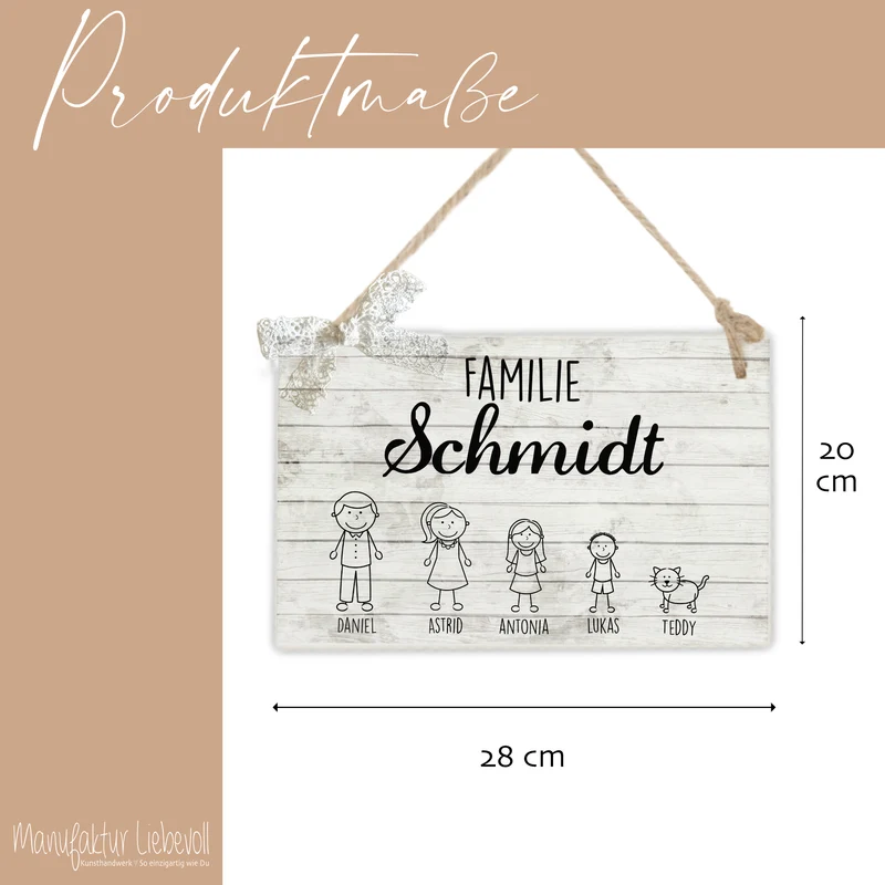 Originelles Türschild für die Familie | Haustürschild mit Figuren u. Vornamen | Handgefertigtes Familienschild in weiß grauer Shabby Chic Holzoptik | 2 Größen zur Auswahl