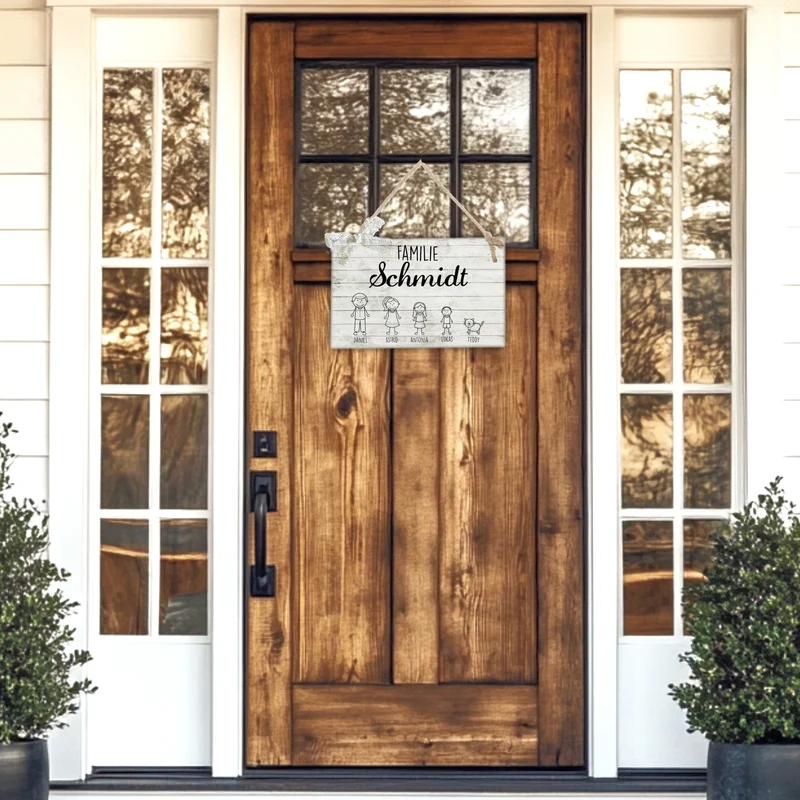 Originelles Türschild für die Familie | Haustürschild mit Figuren u. Vornamen | Handgefertigtes Familienschild in weiß grauer Shabby Chic Holzoptik | 2 Größen zur Auswahl