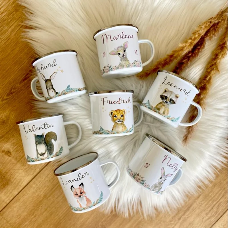 Zauberhafte Einhorn Tasse mit Namen des Kindes | Emaille Trinkbecher für Mädchen I Personalisierte Kindertasse als besonderes Geschenk | 7 Motivvarianten zur Auswahl