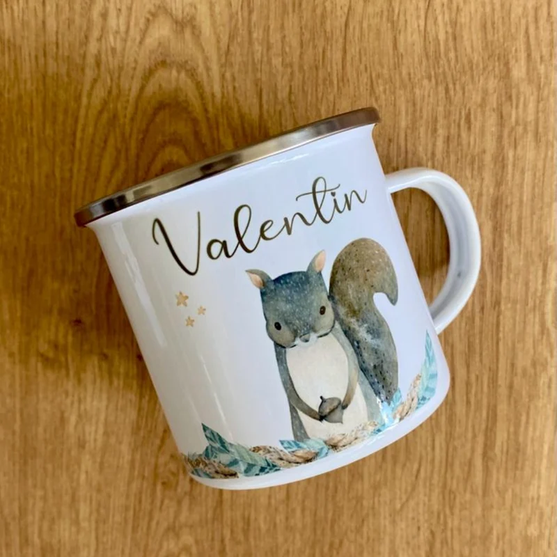 Tolle Waldtier Tasse Eichhörnchen mit Namen des Kindes | Emaille Trinkbecher für Mädchen u. Jungen I Personalisierte Kindertasse als besonderes Geschenk | 7 Motivvarianten zur Auswahl