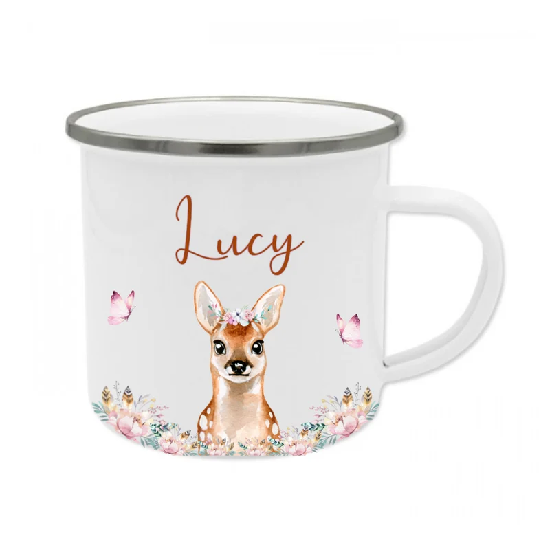 Personalisierte Elefant Tasse mit Namen des Kindes | Emaille Trinkbecher für Mädchen I Personalisierte Kindertasse als besonderes Geschenk | 7 Motivvarianten zur Auswahl