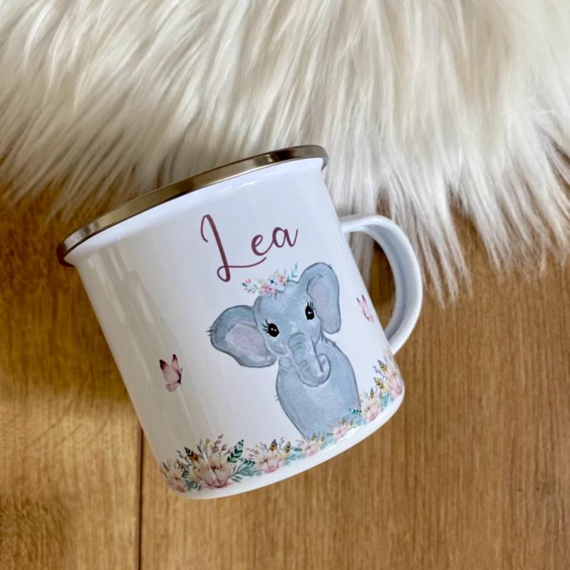 Personalisierte Elefant Tasse mit Namen des Kindes | Emaille Trinkbecher für Mädchen I Personalisierte Kindertasse als besonderes Geschenk | 7 Motivvarianten zur Auswahl
