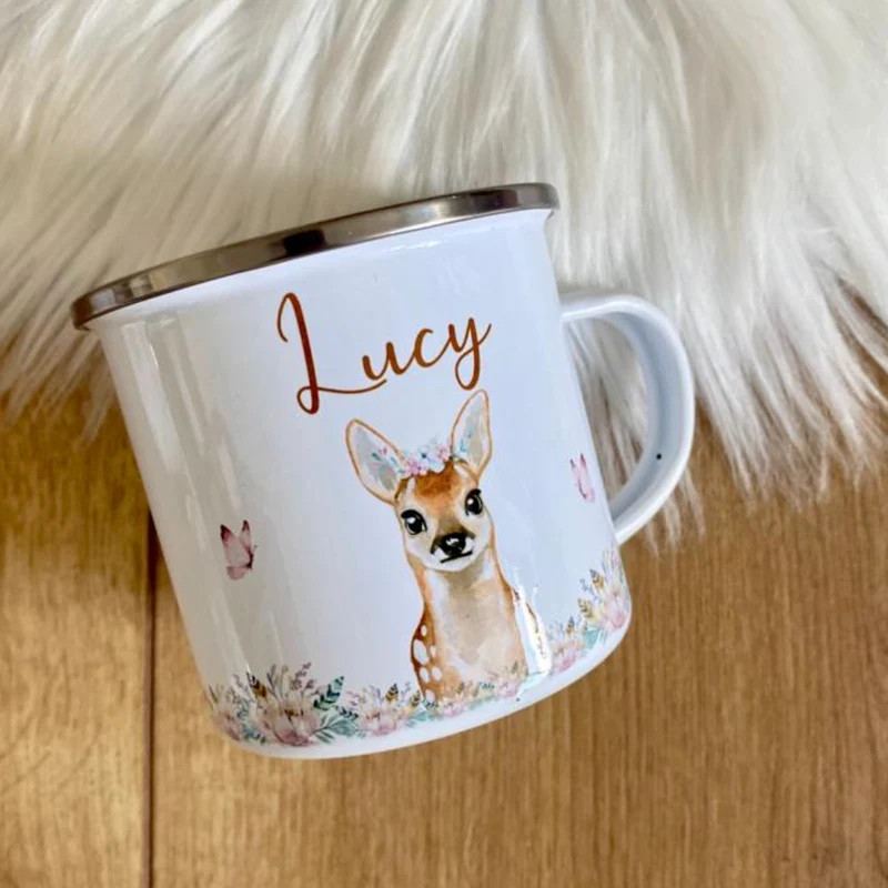 Personalisierte Tasse Reh mit Namen des Kindes | Emaille Trinkbecher Bambi für Mädchen I Personalisierte Kindertasse als besonderes Geschenk | 7 Motivvarianten zur Auswahl