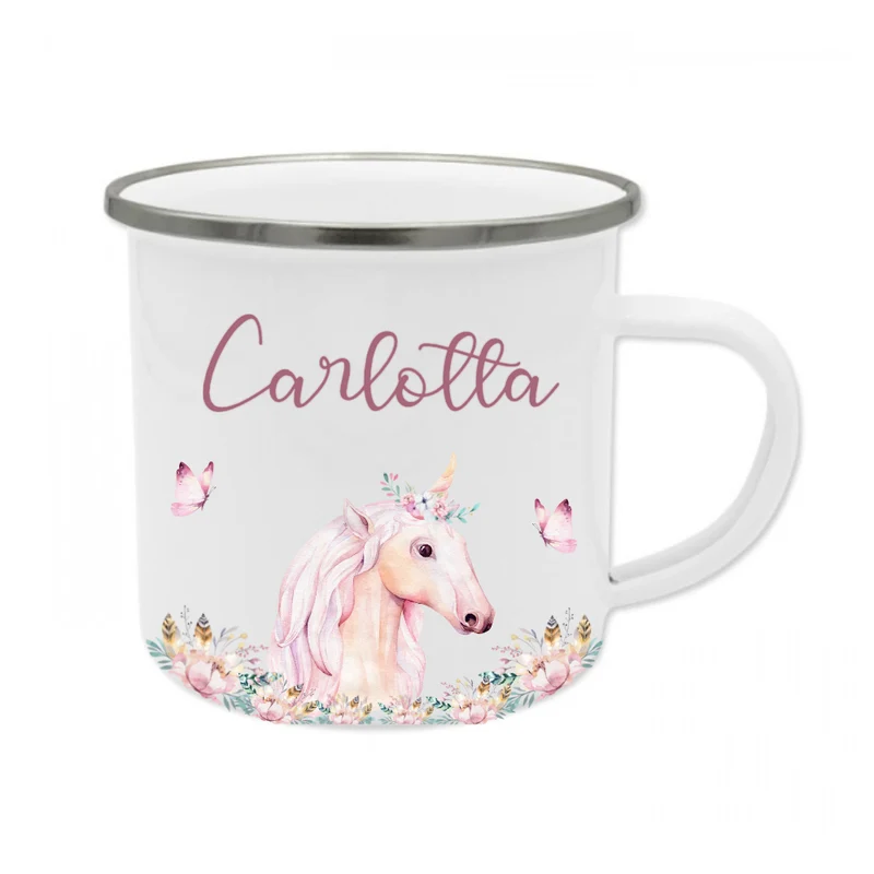Tasse Löwe mit Namen des Kindes | Emaille Trinkbecher für Mädchen u. Jungen I Personalisierte Kindertasse als besonderes Geschenk | 7 Motivvarianten zur Auswahl