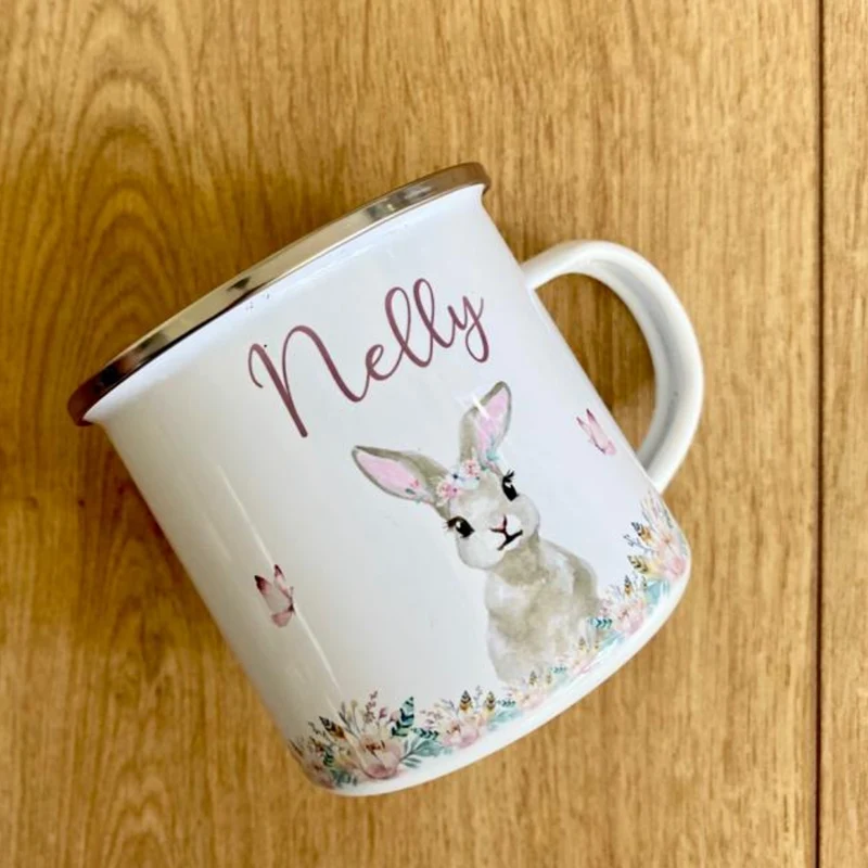 Kindertasse Hase mit Namen des Kindes | Trinkbecher aus Emaille für Mädchen I Personalisierte Tasse als tolles Geschenk | 4 Motivvarianten zur Auswahl