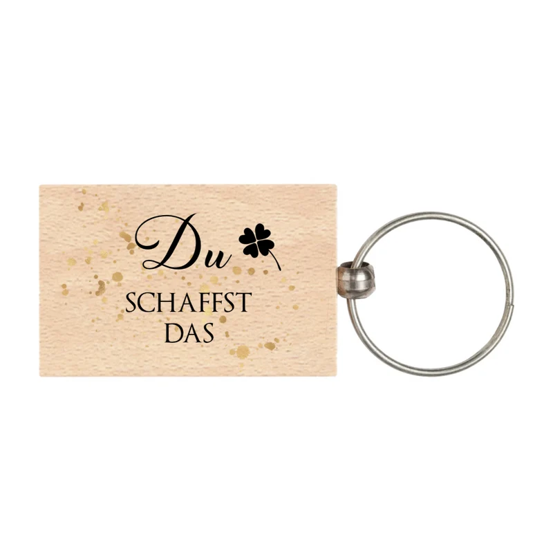 Schlüsselanhänger aus Holz "Du schaffst das" mit Kleeblatt | Glücksbringer u. Mutmacher als kleines Geschenk