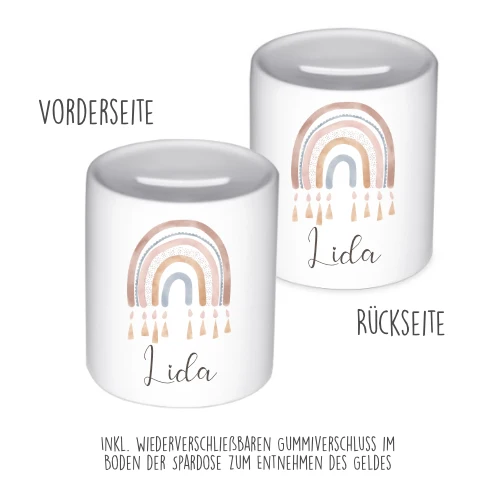 Spardose "Regenbogen" für Mädchen als Geschenk | Personalisierte Geschenkidee für Kinder | 10 Motive zur Auswahl