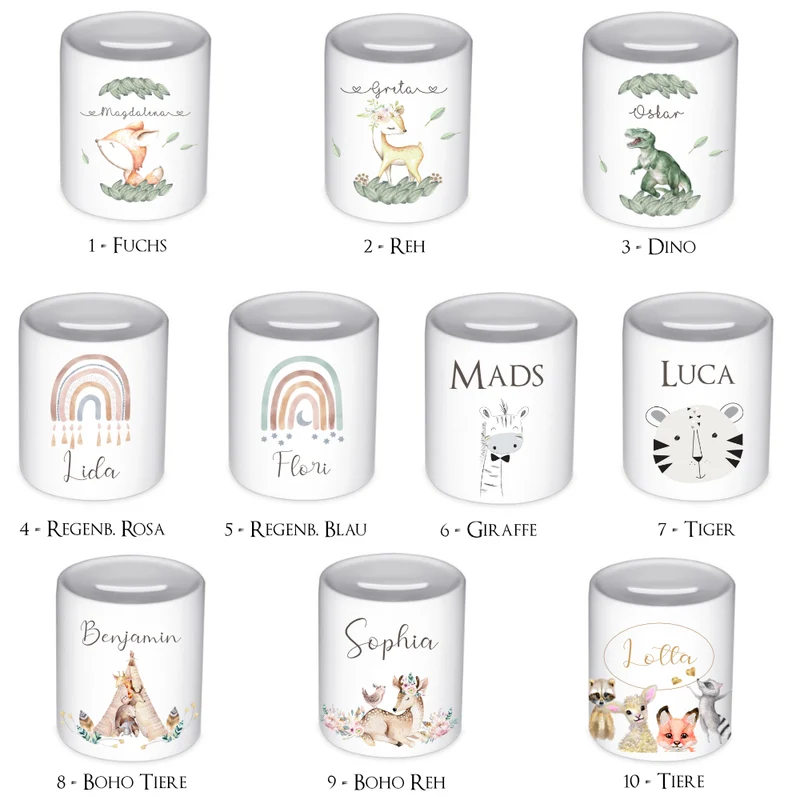 Spardose für Kinder mit Namen | Personalisiertes Geschenk für Mädchen u. Jungen | Originelles Geldgeschenk u. handgefertigte Geschenkidee | 10 Motive zur Auswahl