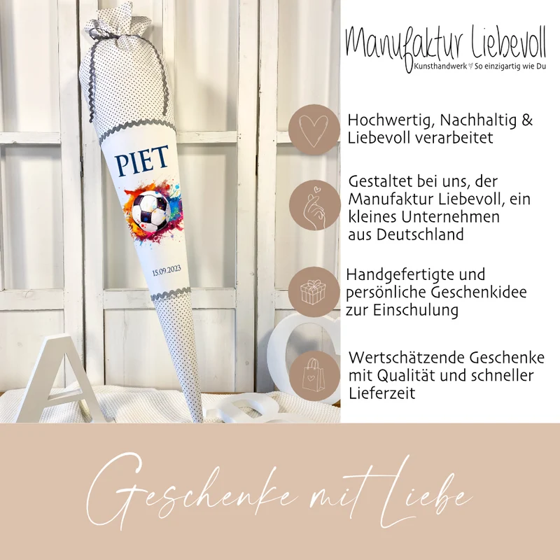 Schultüte Fußball Stoff Grau Junge Sport Fußballspieler Personalisiert Wunschname Einschulungstüte Einschulungsdatum 70 cm | Optional mit Füllkissen und Spitzenschutz