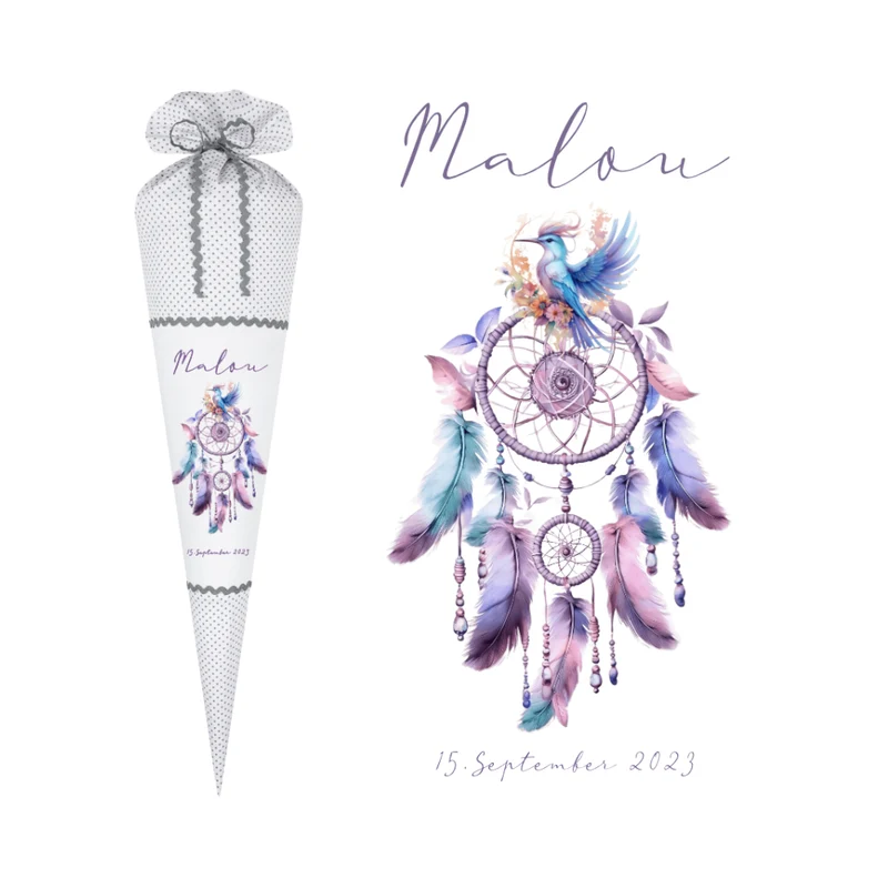 Schultüte Traumfänger Mädchen Name Personalisiert Blumen Boho Vintage Einschulungstüte Stoff Zuckertüte Datum 70 cm | Optional mit Füllkissen und Spitzenschutz
