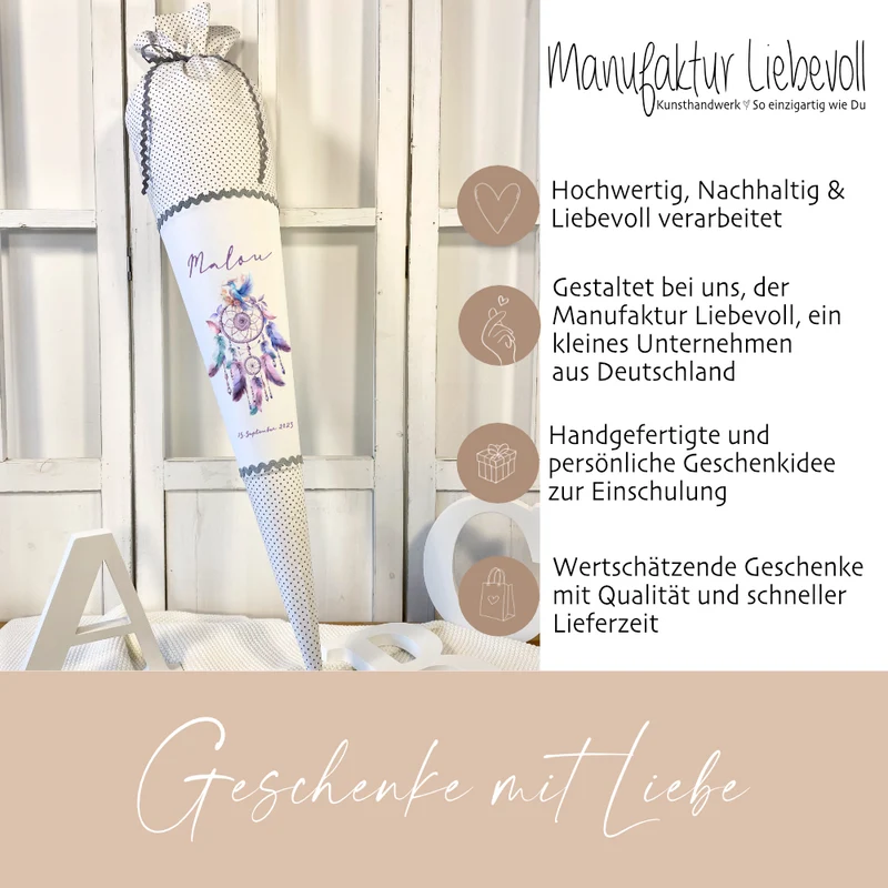 Schultüte Traumfänger Mädchen Name Personalisiert Blumen Boho Vintage Einschulungstüte Stoff Zuckertüte Datum 70 cm | Optional mit Füllkissen und Spitzenschutz