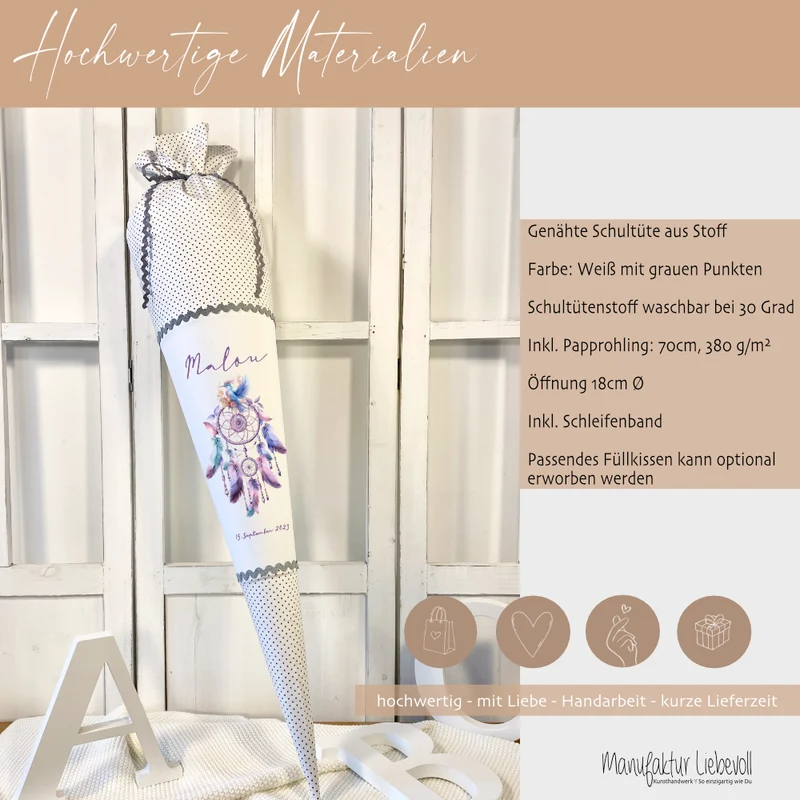 Schultüte Traumfänger Mädchen Name Personalisiert Blumen Boho Vintage Einschulungstüte Stoff Zuckertüte Datum 70 cm | Optional mit Füllkissen und Spitzenschutz