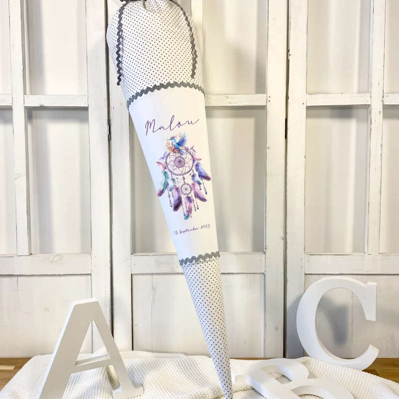 Schultüte Traumfänger Mädchen Name Personalisiert Blumen Boho Vintage Einschulungstüte Stoff Zuckertüte Datum 70 cm | Optional mit Füllkissen und Spitzenschutz