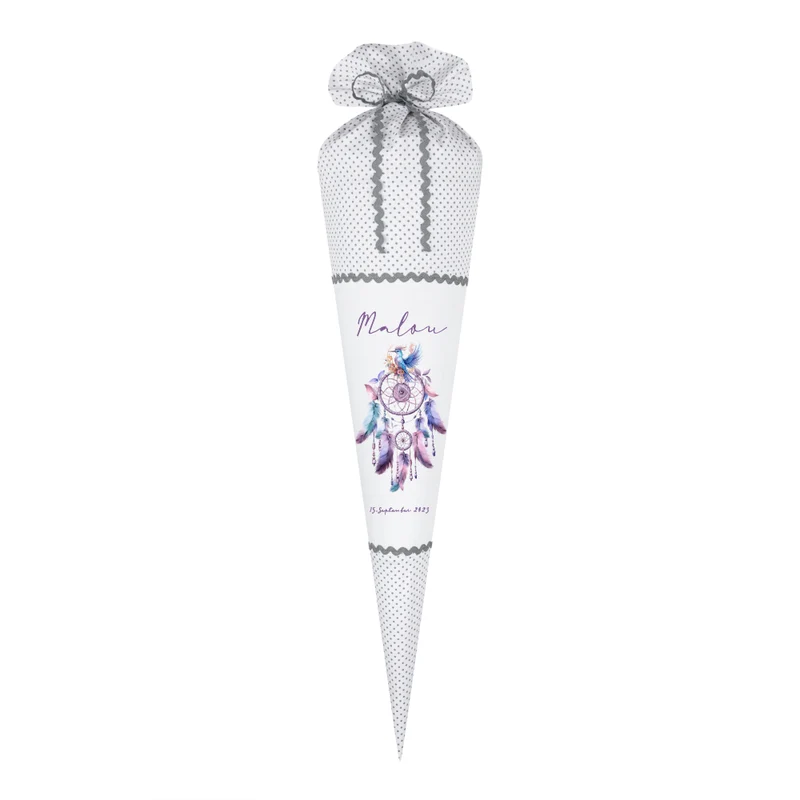 Schultüte Traumfänger Mädchen Name Personalisiert Blumen Boho Vintage Einschulungstüte Stoff Zuckertüte Datum 70 cm | Optional mit Füllkissen und Spitzenschutz