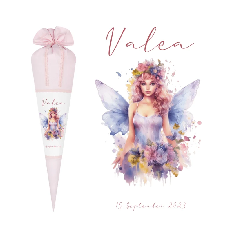 Feen Stoffschultüte Personalisierte Rosa Mädchen Name Elfe Ballerina Blumen Boho Einschulungstüte Zuckertüte 70 cm | Optional mit Füllkissen und Spitzenschutz
