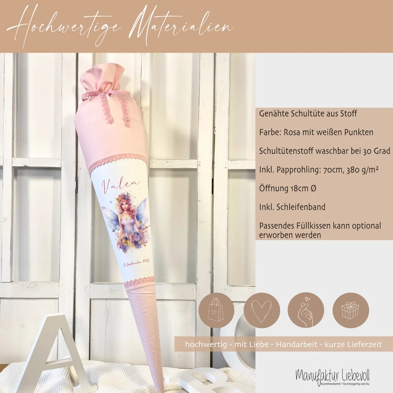 Feen Stoffschultüte Personalisierte Rosa Mädchen Name Elfe Ballerina Blumen Boho Einschulungstüte Zuckertüte 70 cm | Optional mit Füllkissen und Spitzenschutz