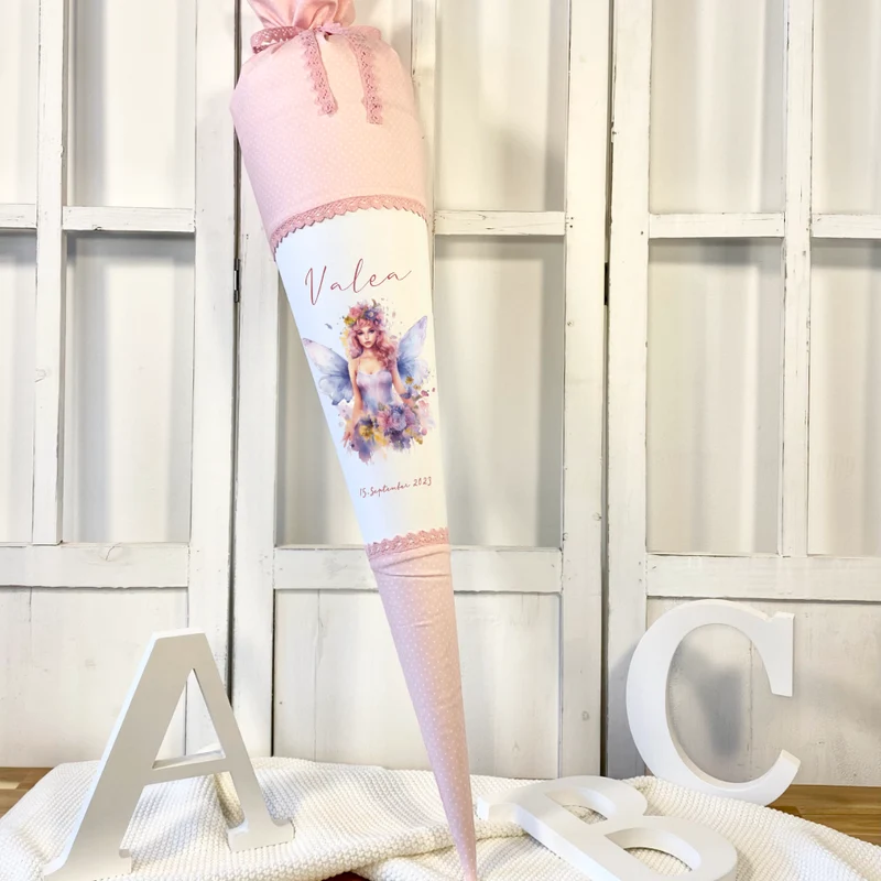 Feen Stoffschultüte Personalisierte Rosa Mädchen Name Elfe Ballerina Blumen Boho Einschulungstüte Zuckertüte 70 cm | Optional mit Füllkissen und Spitzenschutz