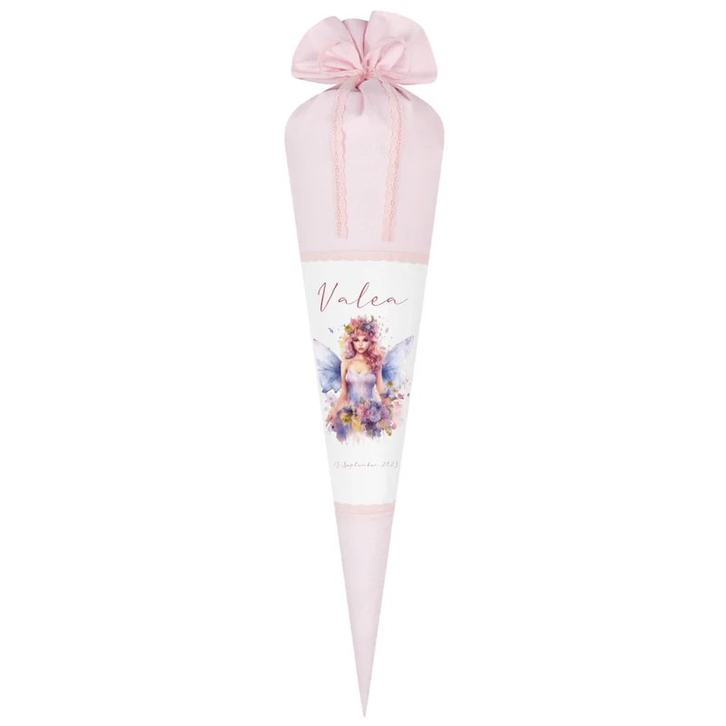 Feen Stoffschultüte Personalisierte Rosa Mädchen Name Elfe Ballerina Blumen Boho Einschulungstüte Zuckertüte 70 cm | Optional mit Füllkissen und Spitzenschutz