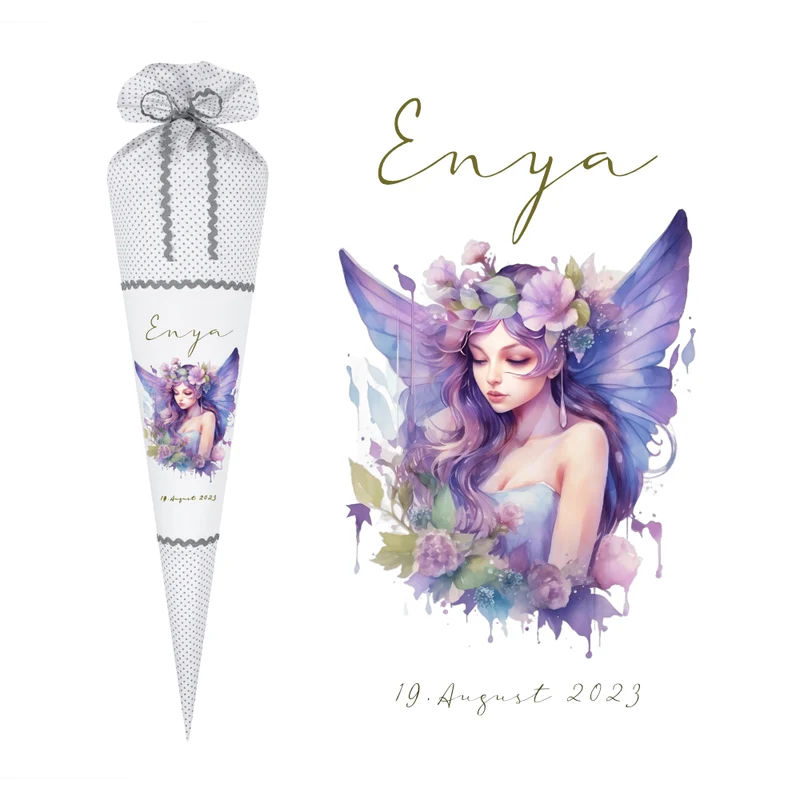 Feen Stoff Schultüte Elfe Mädchen Name Rosa Prinzessin Personalisiert Märchen Blumen Prinzessin Boho Einschulungstüte Zuckertüte Datum 70 cm| Optional mit Füllkissen und Spitzenschutz