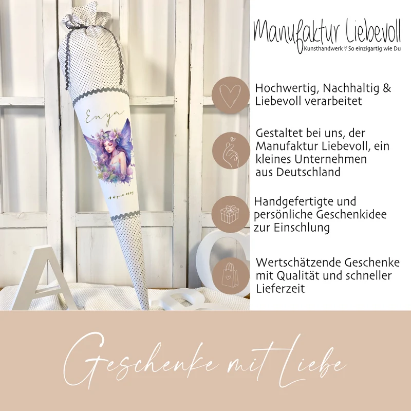 Feen Stoff Schultüte Elfe Mädchen Name Rosa Prinzessin Personalisiert Märchen Blumen Prinzessin Boho Einschulungstüte Zuckertüte Datum 70 cm| Optional mit Füllkissen und Spitzenschutz