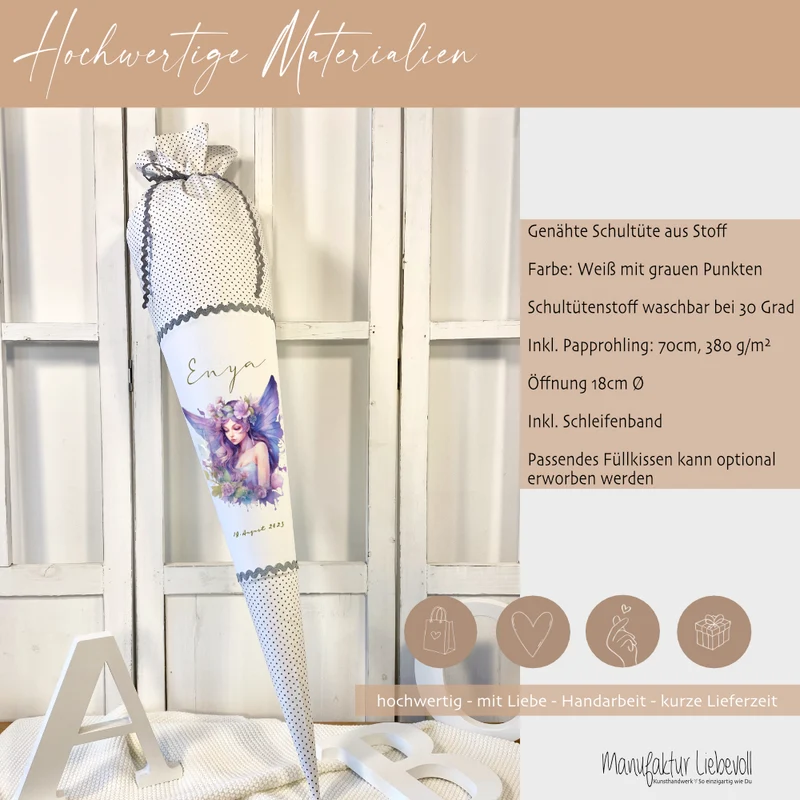 Feen Stoff Schultüte Elfe Mädchen Name Rosa Prinzessin Personalisiert Märchen Blumen Prinzessin Boho Einschulungstüte Zuckertüte Datum 70 cm| Optional mit Füllkissen und Spitzenschutz