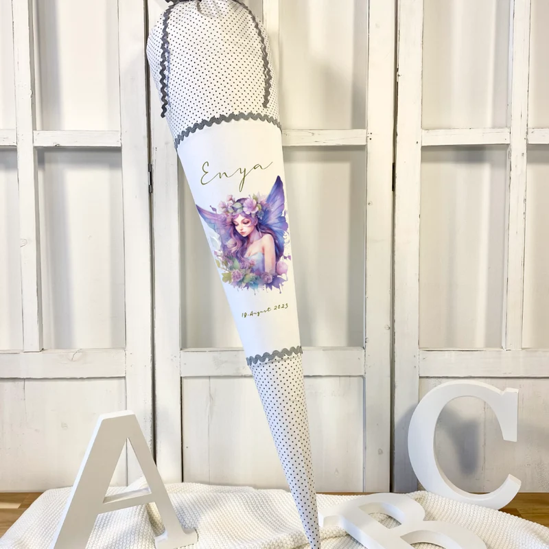 Feen Stoff Schultüte Elfe Mädchen Name Rosa Prinzessin Personalisiert Märchen Blumen Prinzessin Boho Einschulungstüte Zuckertüte Datum 70 cm| Optional mit Füllkissen und Spitzenschutz
