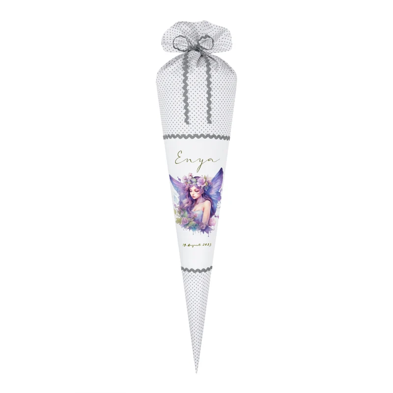 Feen Stoff Schultüte Elfe Mädchen Name Rosa Prinzessin Personalisiert Märchen Blumen Prinzessin Boho Einschulungstüte Zuckertüte Datum 70 cm| Optional mit Füllkissen und Spitzenschutz