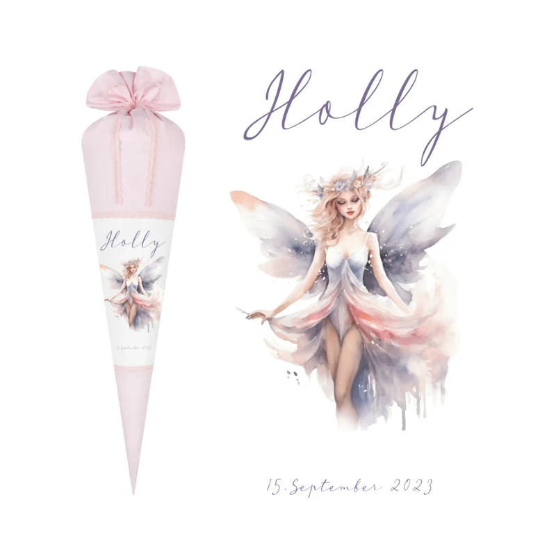 Stoff Schultüte Elfe Mädchen Name Rosa Fee Prinzessin Personalisiert Märchen Blumen Prinzessin Boho Einschulungstüte Zuckertüte Datum 70 cm| Optional mit Füllkissen und Spitzenschutz
