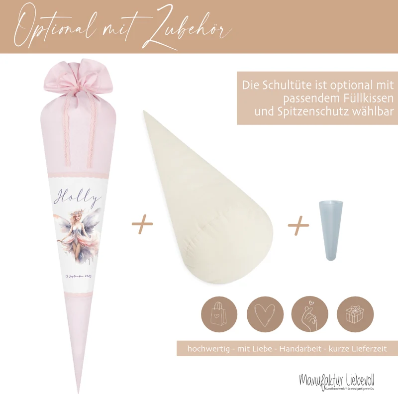 Stoff Schultüte Elfe Mädchen Name Rosa Fee Prinzessin Personalisiert Märchen Blumen Prinzessin Boho Einschulungstüte Zuckertüte Datum 70 cm| Optional mit Füllkissen und Spitzenschutz