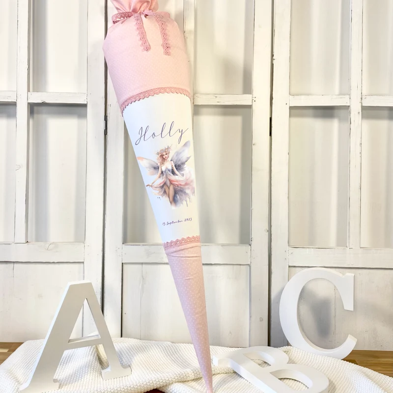 Stoff Schultüte Elfe Mädchen Name Rosa Fee Prinzessin Personalisiert Märchen Blumen Prinzessin Boho Einschulungstüte Zuckertüte Datum 70 cm| Optional mit Füllkissen und Spitzenschutz