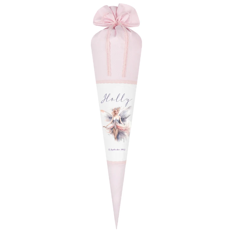 Stoff Schultüte Elfe Mädchen Name Rosa Fee Prinzessin Personalisiert Märchen Blumen Prinzessin Boho Einschulungstüte Zuckertüte Datum 70 cm| Optional mit Füllkissen und Spitzenschutz