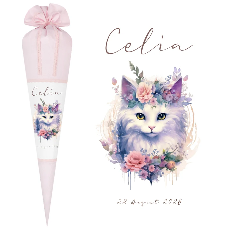 Personalisierte Rosa Stoff Schultüte Katze Mädchen Name Blumen Boho Vintage Einschulungstüte Zuckertüte 70 cm | Optional mit Füllkissen und Spitzenschutz