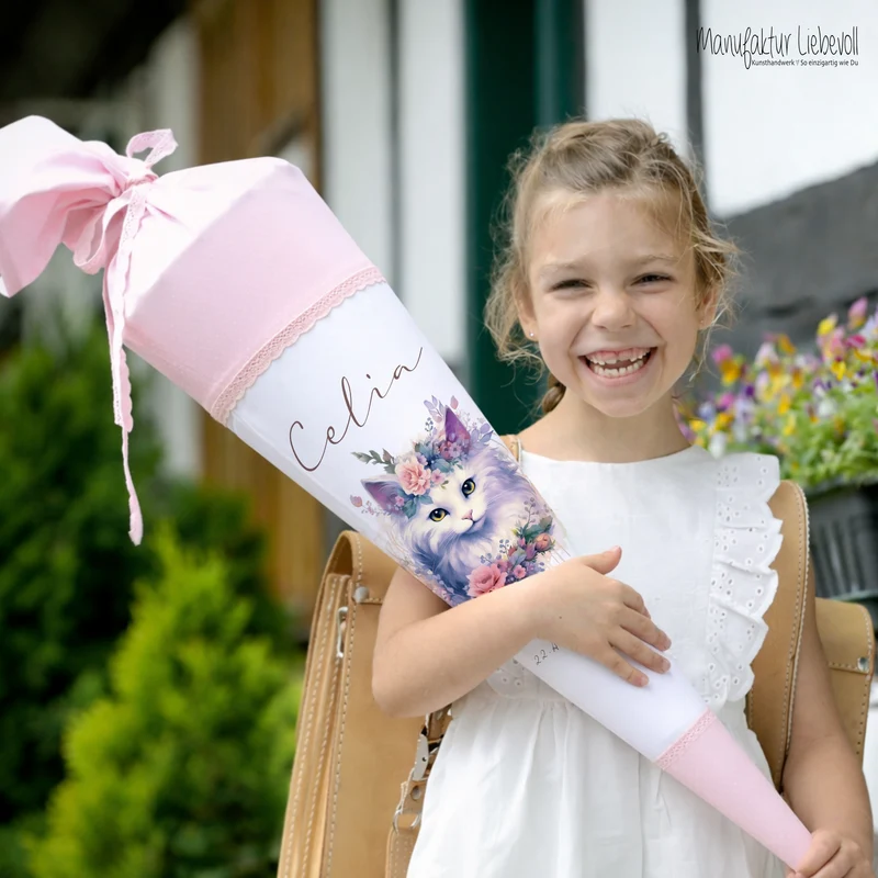 Personalisierte Rosa Stoff Schultüte Katze Mädchen Name Blumen Boho Vintage Einschulungstüte Zuckertüte 70 cm | Optional mit Füllkissen und Spitzenschutz