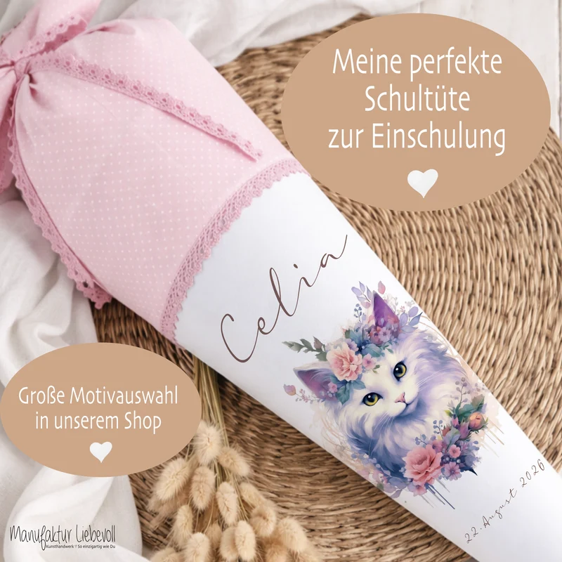 Personalisierte Rosa Stoff Schultüte Katze Mädchen Name Blumen Boho Vintage Einschulungstüte Zuckertüte 70 cm | Optional mit Füllkissen und Spitzenschutz