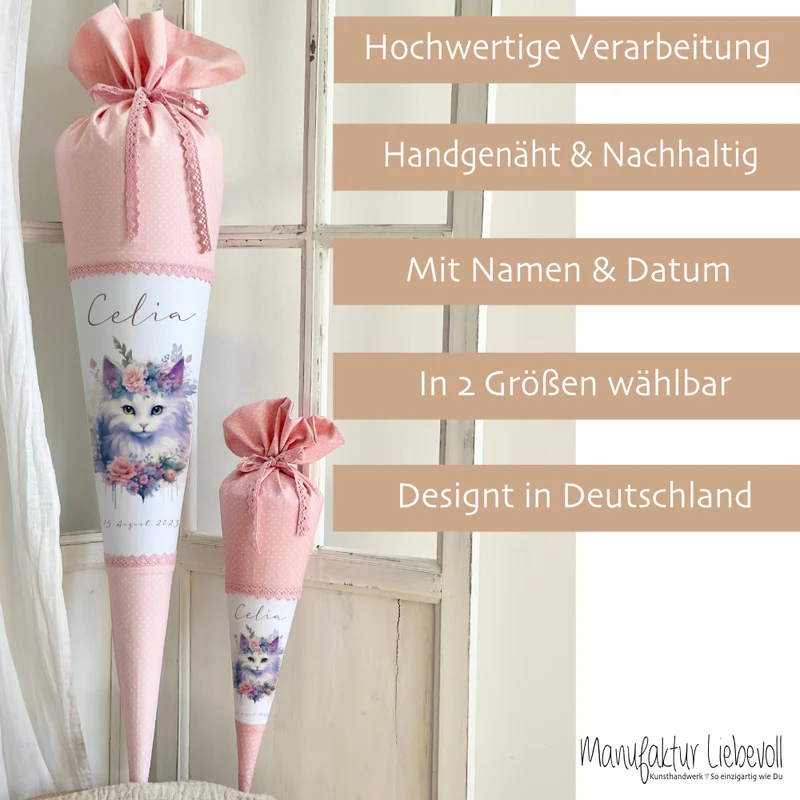 Personalisierte Rosa Stoff Schultüte Katze Mädchen Name Blumen Boho Vintage Einschulungstüte Zuckertüte 70 cm | Optional mit Füllkissen und Spitzenschutz