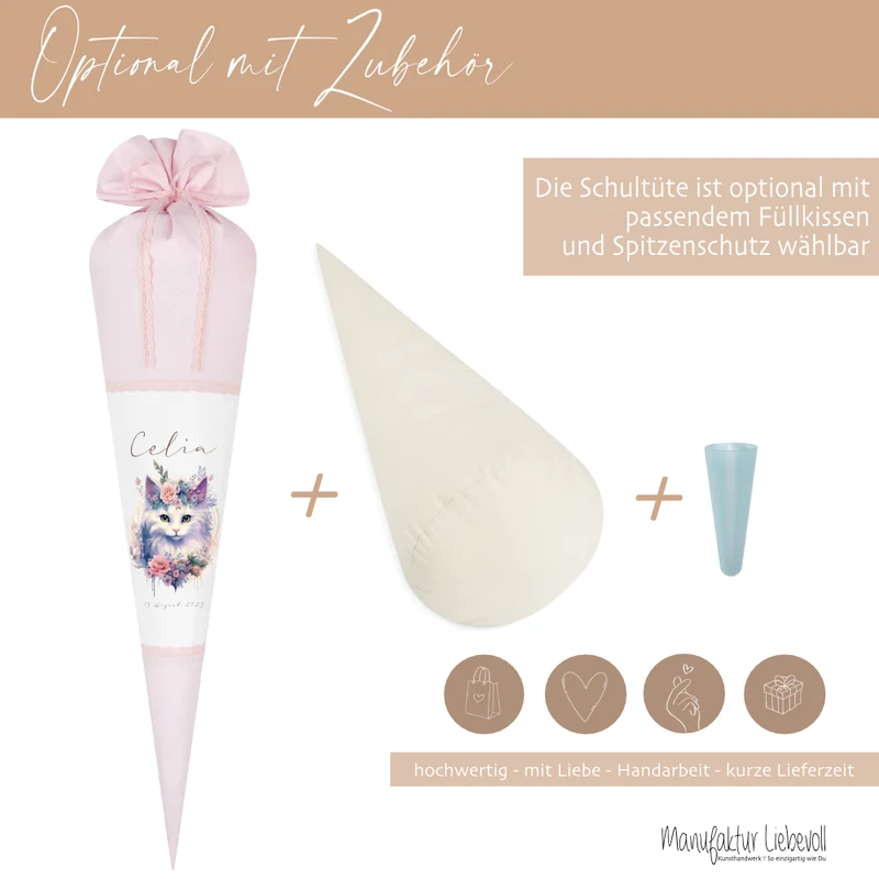 Personalisierte Rosa Stoff Schultüte Katze Mädchen Name Blumen Boho Vintage Einschulungstüte Zuckertüte 70 cm | Optional mit Füllkissen und Spitzenschutz