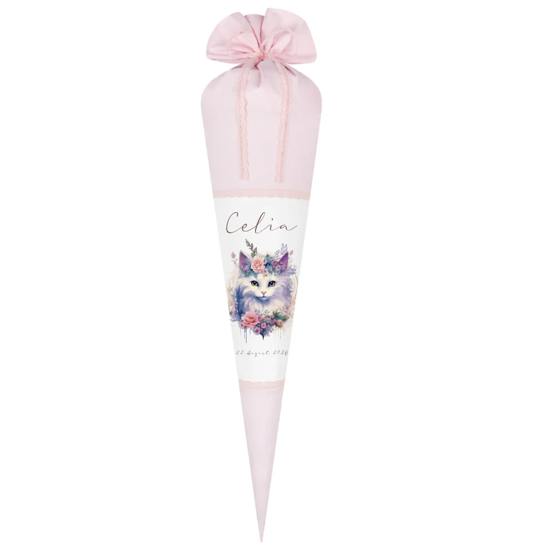 Personalisierte Rosa Stoff Schultüte Katze Mädchen Name Blumen Boho Vintage Einschulungstüte Zuckertüte 70 cm | Optional mit Füllkissen und Spitzenschutz