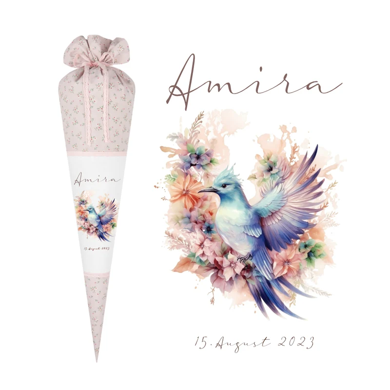 Rosa Stoff Schultüte Vogel Mädchen Name Personalisiert Blumen Boho Vintage Einschulungstüte Zuckertüte 70 cm | Optional mit Füllkissen und Spitzenschutz
