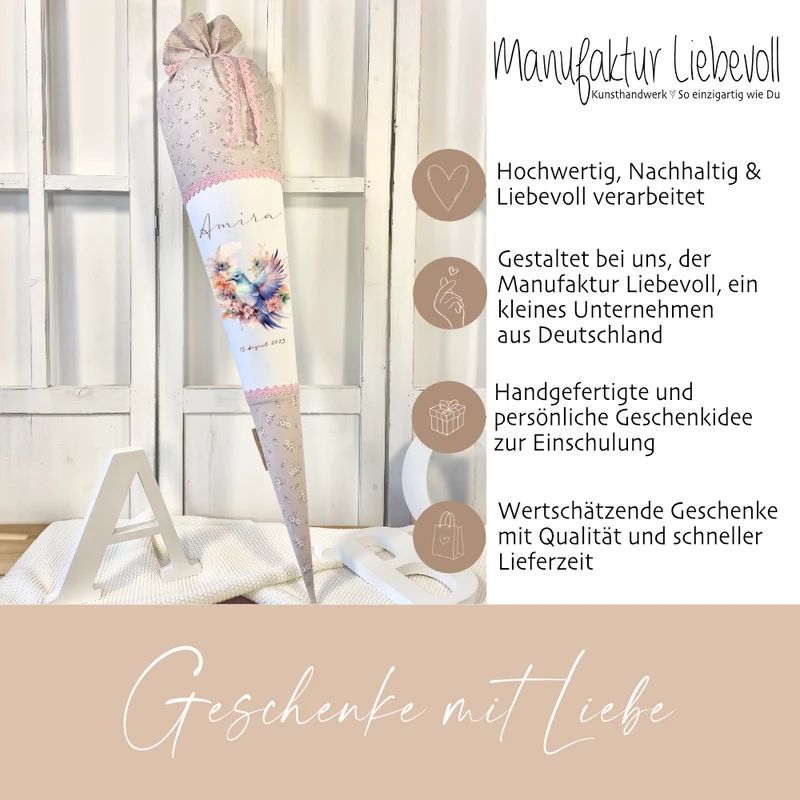 Rosa Stoff Schultüte Vogel Mädchen Name Personalisiert Blumen Boho Vintage Einschulungstüte Zuckertüte 70 cm | Optional mit Füllkissen und Spitzenschutz