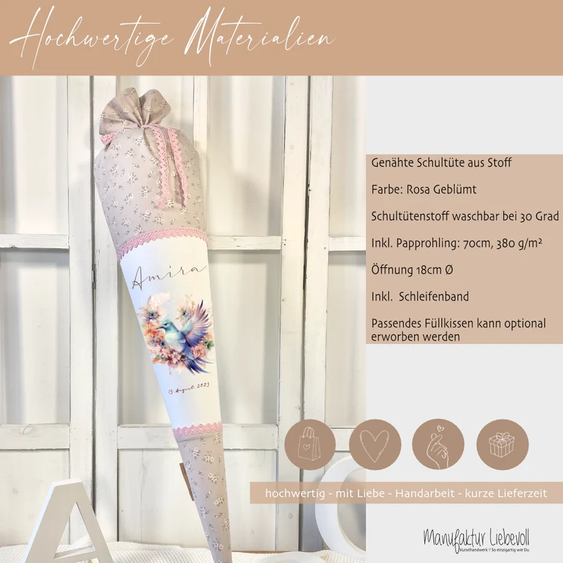 Rosa Stoff Schultüte Vogel Mädchen Name Personalisiert Blumen Boho Vintage Einschulungstüte Zuckertüte 70 cm | Optional mit Füllkissen und Spitzenschutz