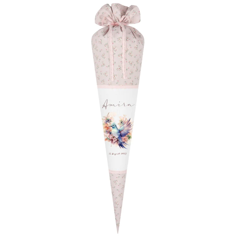 Rosa Stoff Schultüte Vogel Mädchen Name Personalisiert Blumen Boho Vintage Einschulungstüte Zuckertüte 70 cm | Optional mit Füllkissen und Spitzenschutz