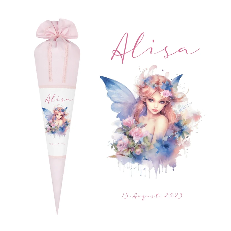 Personalisierte Rosa Fee Schultüte Stoff Mädchen Name Elfe Ballerina Blumen Boho Einschulungstüte Zuckertüte 70 cm | Optional mit Füllkissen und Spitzenschutz