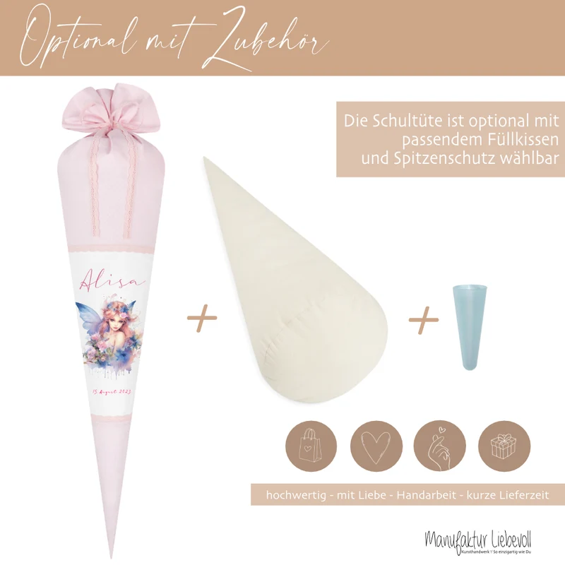 Personalisierte Rosa Fee Schultüte Stoff Mädchen Name Elfe Ballerina Blumen Boho Einschulungstüte Zuckertüte 70 cm | Optional mit Füllkissen und Spitzenschutz