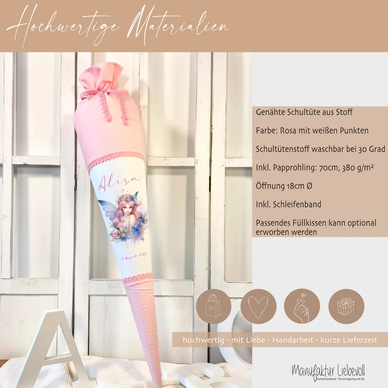 Personalisierte Rosa Fee Schultüte Stoff Mädchen Name Elfe Ballerina Blumen Boho Einschulungstüte Zuckertüte 70 cm | Optional mit Füllkissen und Spitzenschutz