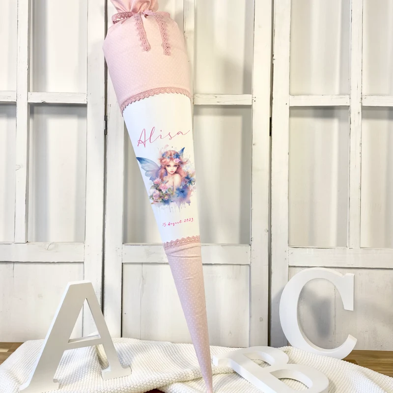 Personalisierte Rosa Fee Schultüte Stoff Mädchen Name Elfe Ballerina Blumen Boho Einschulungstüte Zuckertüte 70 cm | Optional mit Füllkissen und Spitzenschutz