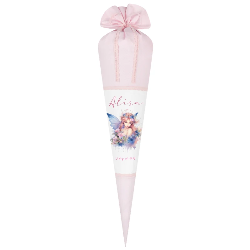 Personalisierte Rosa Fee Schultüte Stoff Mädchen Name Elfe Ballerina Blumen Boho Einschulungstüte Zuckertüte 70 cm | Optional mit Füllkissen und Spitzenschutz