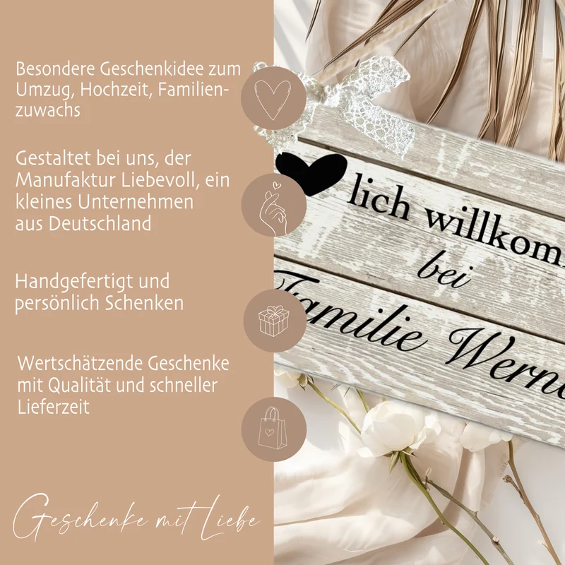 Türschild Familie personalisiertes Türschild "Herzlich Willkommen bei Familie" | Handgefertigtes Haustürschild aus Holz | 2 Größen zur Auswahl