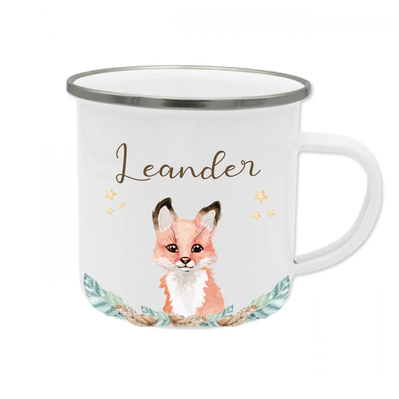 Kindertasse Fuchs mit Namen des Kindes | Trinkbecher aus Emaille für Mädchen u. Jungen I Personalisierte Tasse als tolles Geschenk | 4 Motivvarianten zur Auswahl