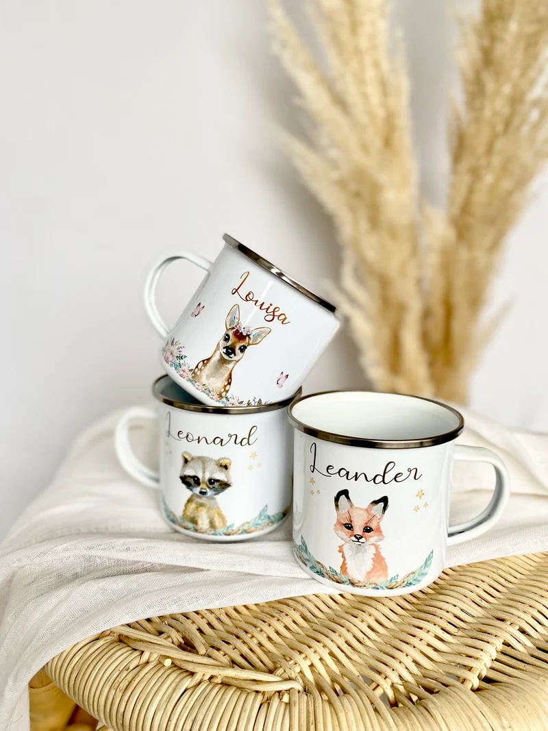 Kindertasse Fuchs mit Namen des Kindes | Trinkbecher aus Emaille für Mädchen u. Jungen I Personalisierte Tasse als tolles Geschenk | 4 Motivvarianten zur Auswahl