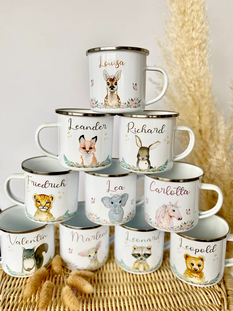 Kindertasse Fuchs mit Namen des Kindes | Trinkbecher aus Emaille für Mädchen u. Jungen I Personalisierte Tasse als tolles Geschenk | 4 Motivvarianten zur Auswahl